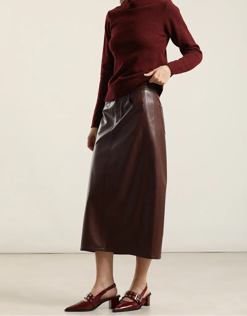Falda Mujer Midi Efecto Cuero Burdeos