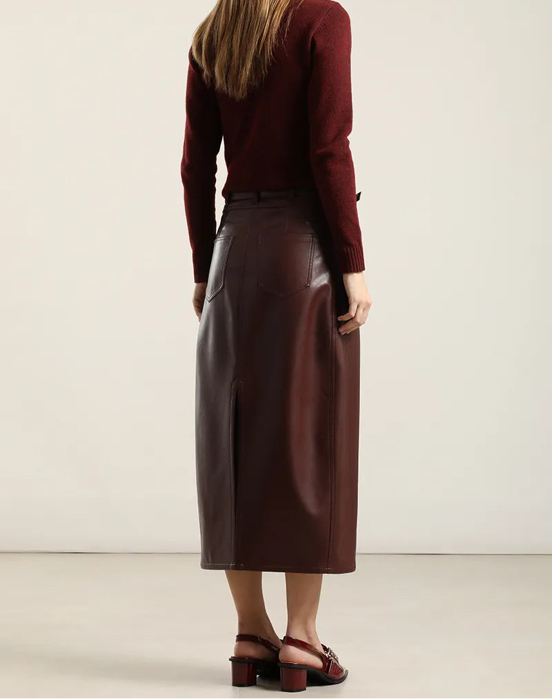 Falda Mujer Midi Efecto Cuero Burdeos
