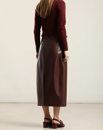 Falda Mujer Midi Efecto Cuero Burdeos