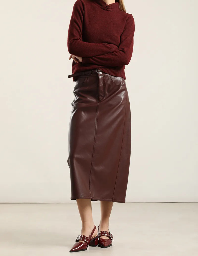 Falda Mujer Midi Efecto Cuero Burdeos