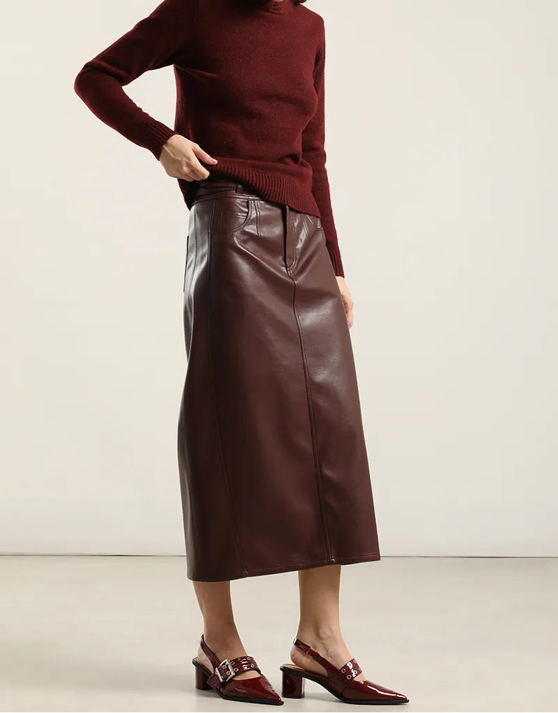 Falda Mujer Midi Efecto Cuero Burdeos