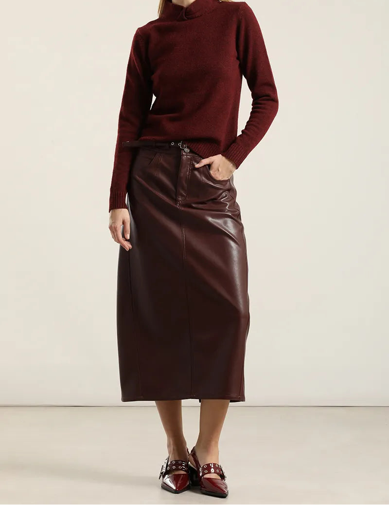 Falda Mujer Midi Efecto Cuero Burdeos