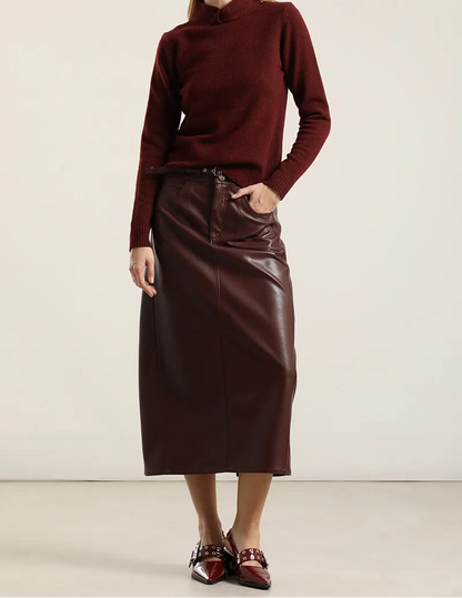 Falda Mujer Midi Efecto Cuero Burdeos