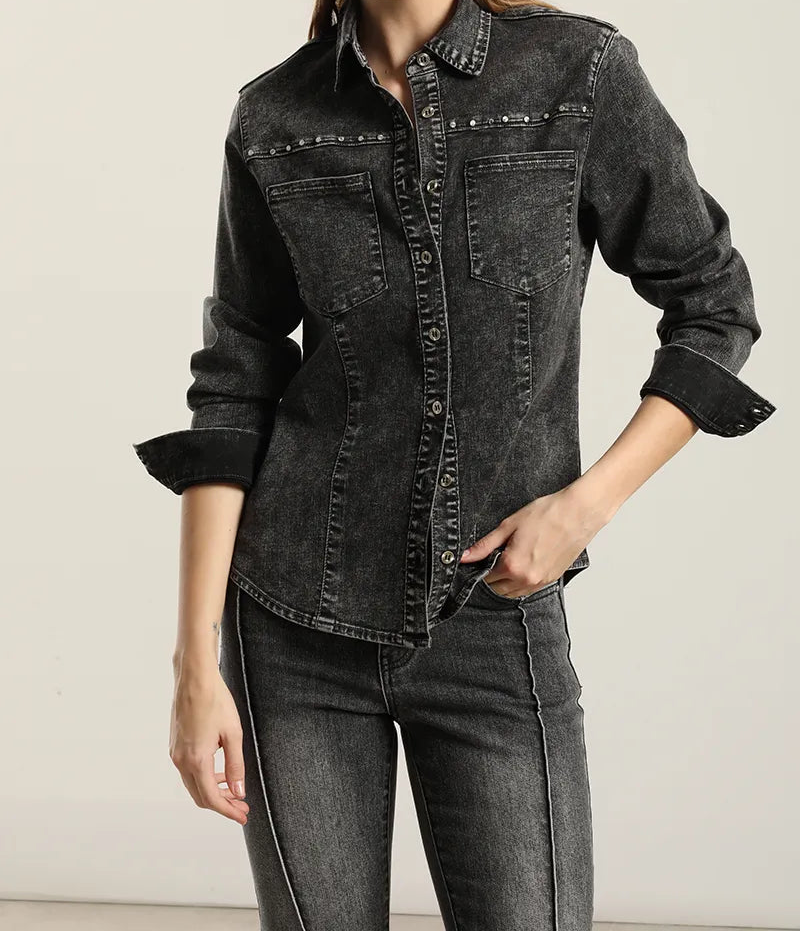 Camisa Mujer Denim Tachas Gris