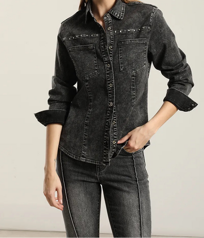 Camisa Mujer Denim Tachas Gris