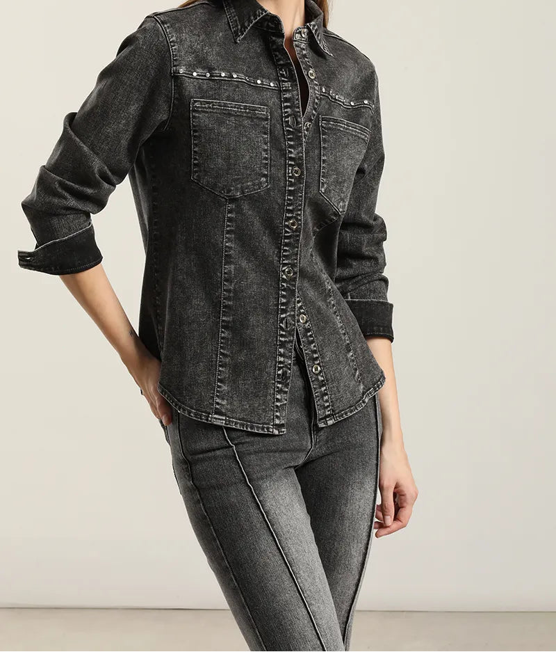 Camisa Mujer Denim Tachas Gris