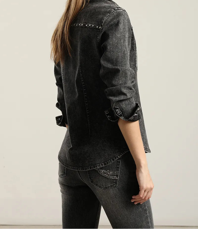 Camisa Mujer Denim Tachas Gris