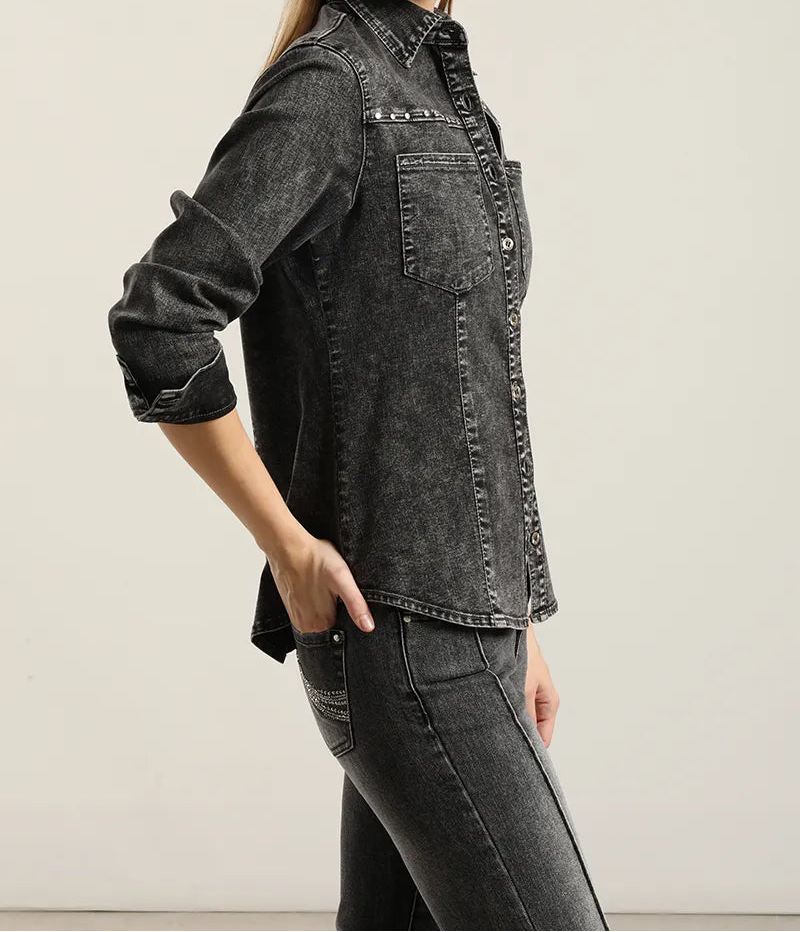 Camisa Mujer Denim Tachas Gris