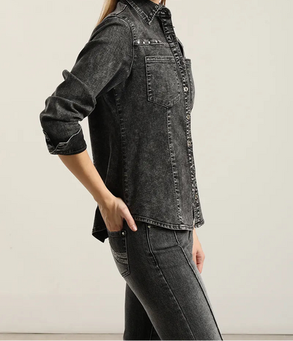 Camisa Mujer Denim Tachas Gris