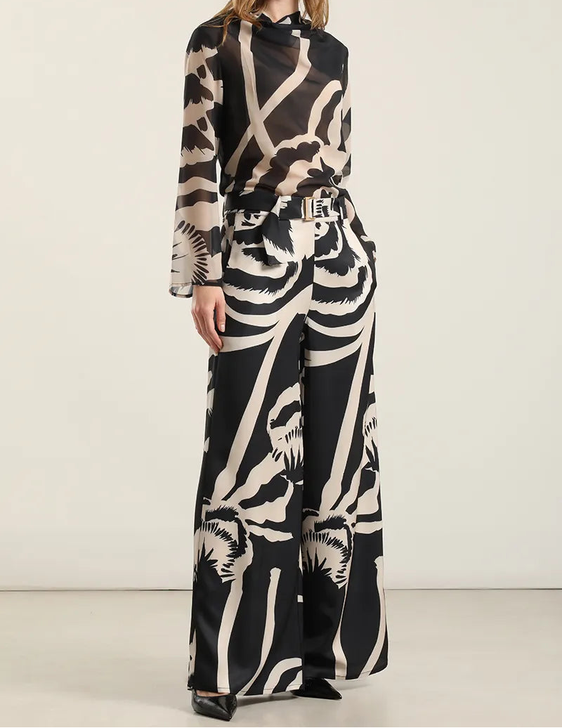 Pantalon Mujer Ancho Estampado Negro