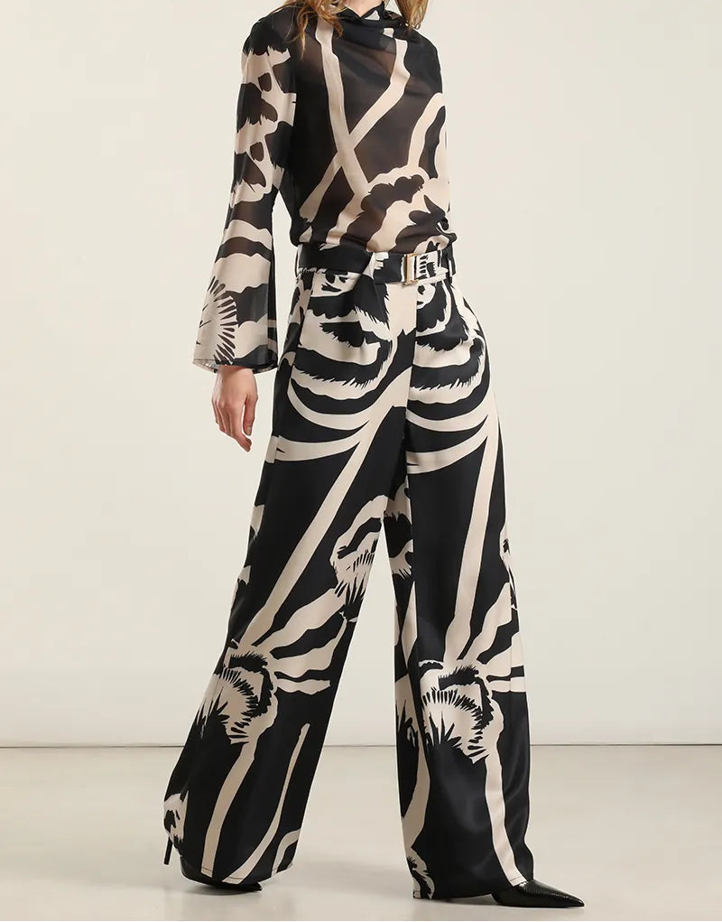 Pantalon Mujer Ancho Estampado Negro