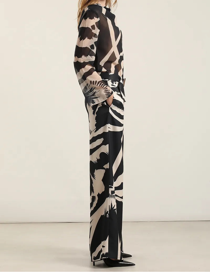 Pantalon Mujer Ancho Estampado Negro