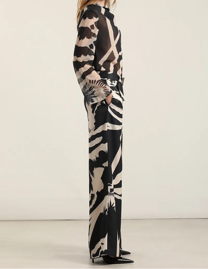 Pantalon Mujer Ancho Estampado Negro