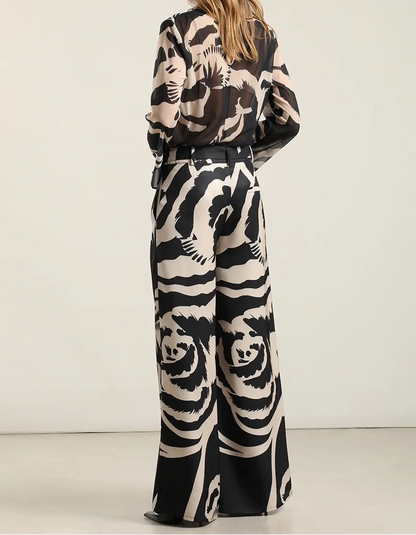 Pantalon Mujer Ancho Estampado Negro