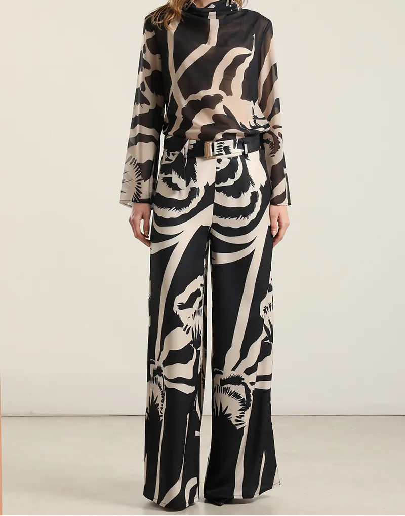 Pantalon Mujer Ancho Estampado Negro