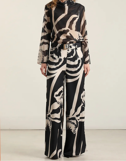 Pantalon Mujer Ancho Estampado Negro