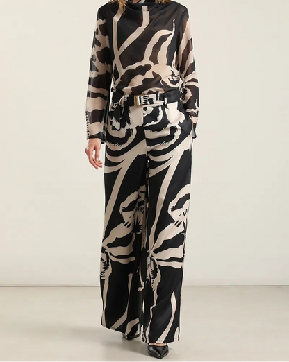 Pantalon Mujer Ancho Estampado Negro