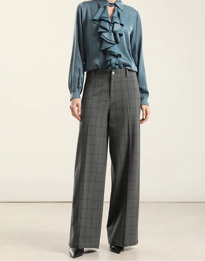 Pantalon Mujer Ancho Cuadros Fantasia Gris