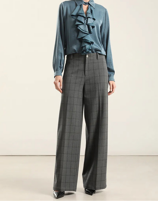 Pantalon Mujer Ancho Cuadros Fantasia Gris