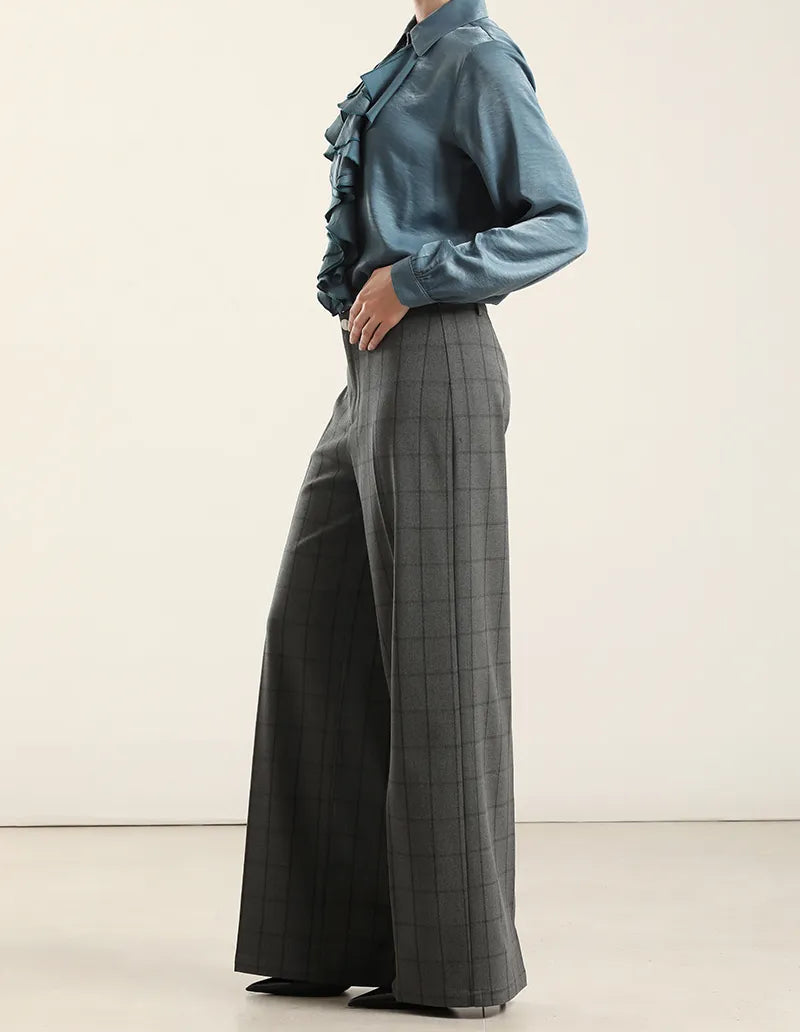 Pantalon Mujer Ancho Cuadros Fantasia Gris