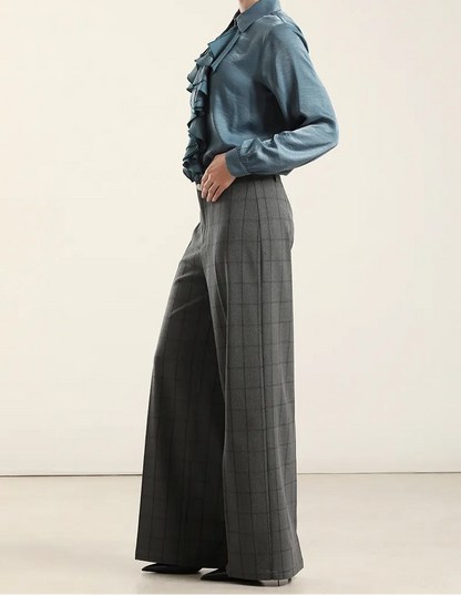 Pantalon Mujer Ancho Cuadros Fantasia Gris