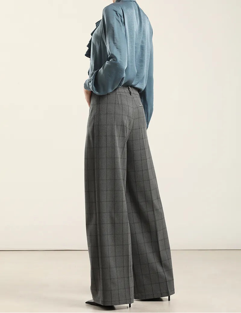 Pantalon Mujer Ancho Cuadros Fantasia Gris
