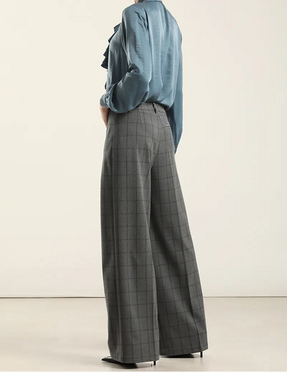 Pantalon Mujer Ancho Cuadros Fantasia Gris