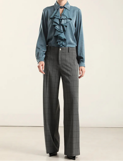 Pantalon Mujer Ancho Cuadros Fantasia Gris
