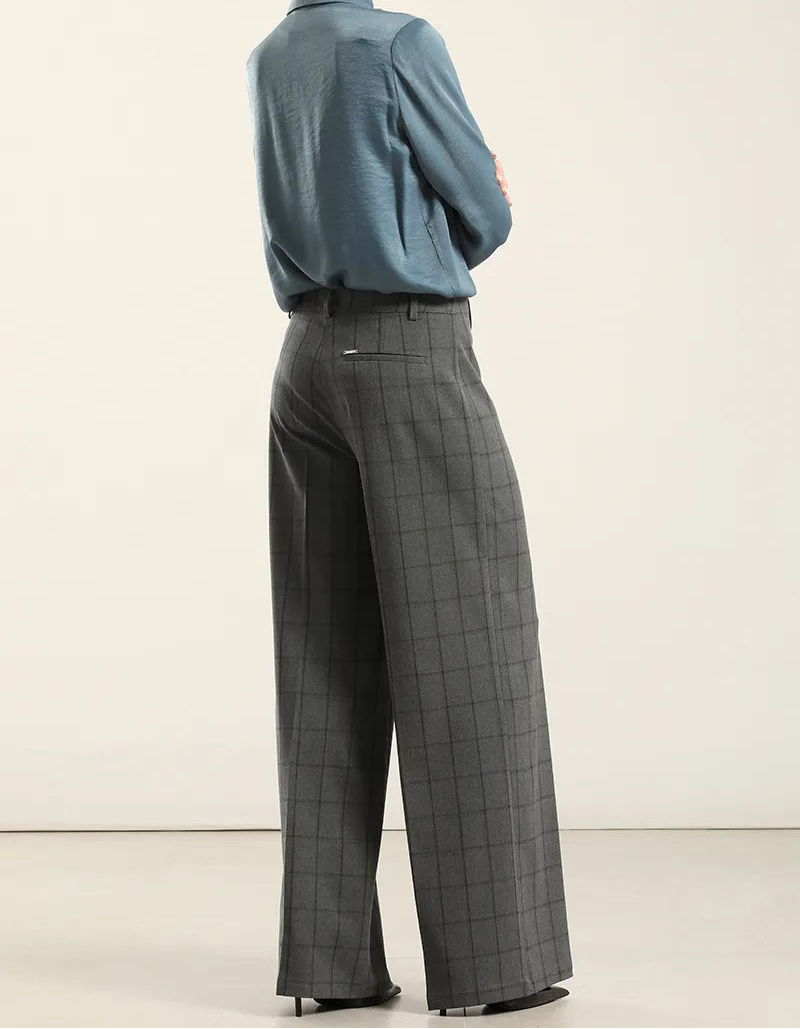 Pantalon Mujer Ancho Cuadros Fantasia Gris
