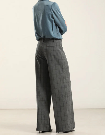 Pantalon Mujer Ancho Cuadros Fantasia Gris