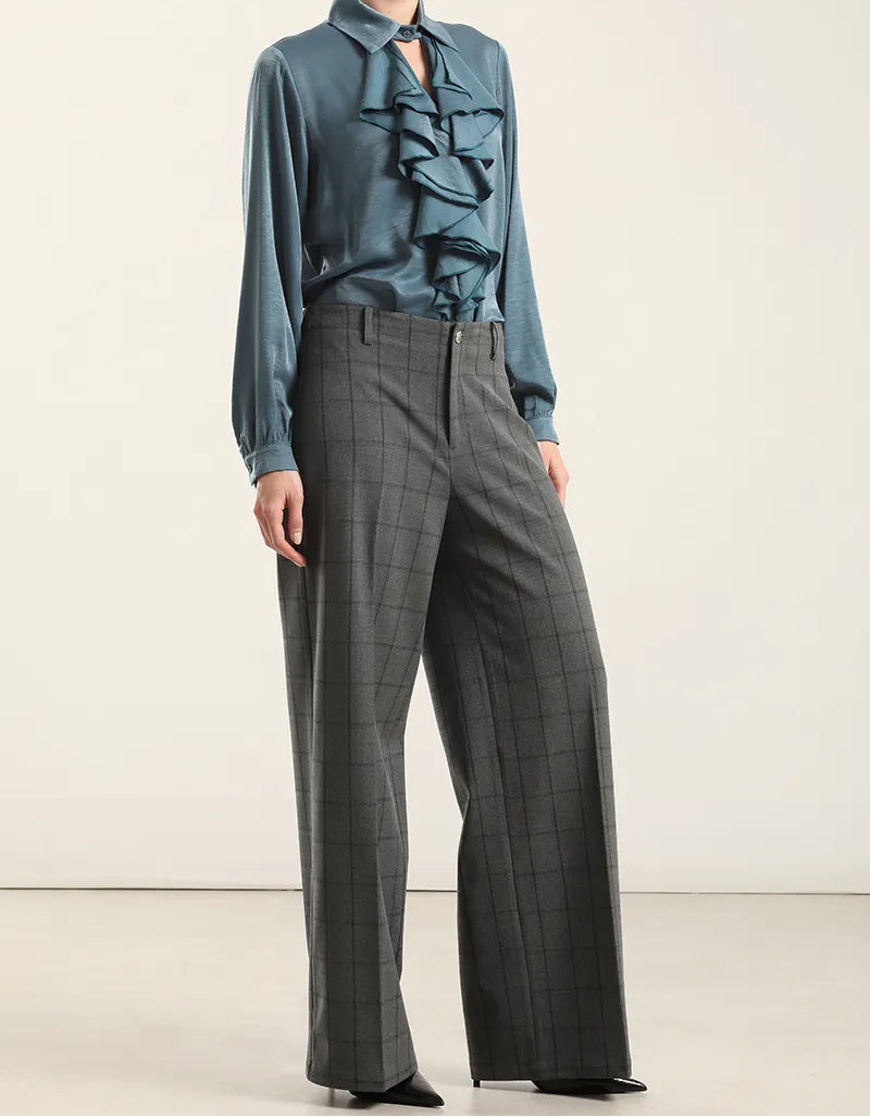 Pantalon Mujer Ancho Cuadros Fantasia Gris