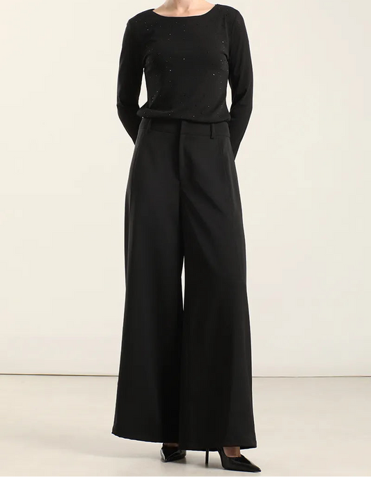 Pantalon Mujer Ancho Tiro Alto Negro