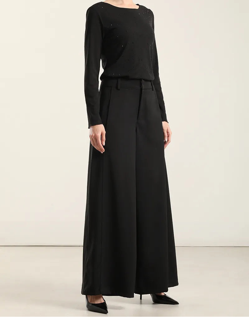 Pantalon Mujer Ancho Tiro Alto Negro