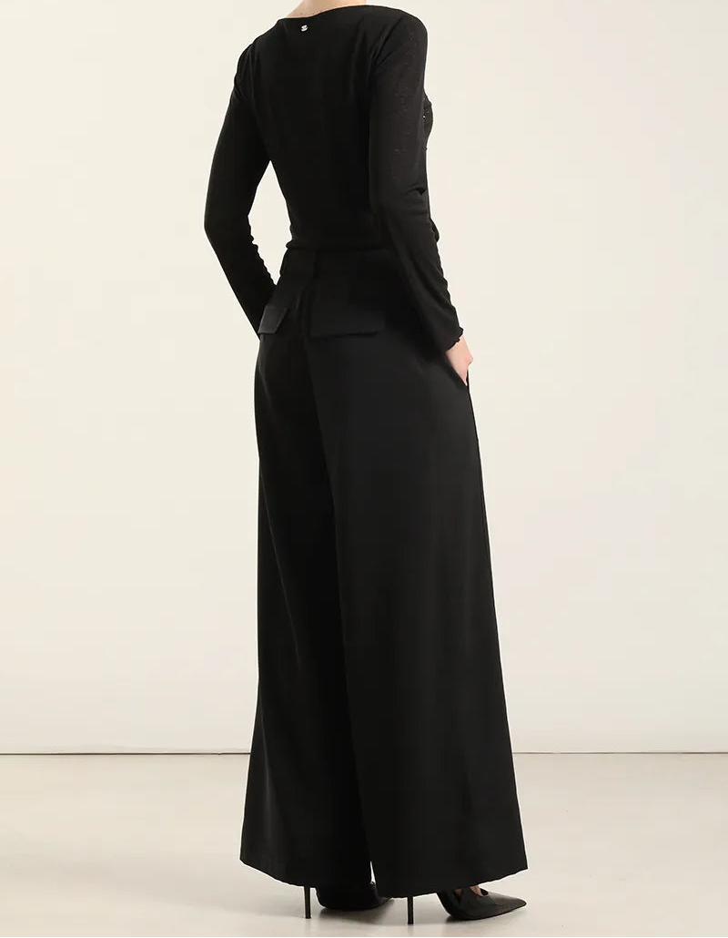 Pantalon Mujer Ancho Tiro Alto Negro
