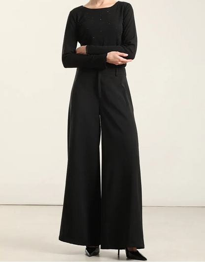 Pantalon Mujer Ancho Tiro Alto Negro
