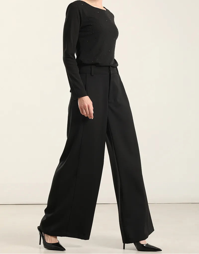 Pantalon Mujer Ancho Tiro Alto Negro