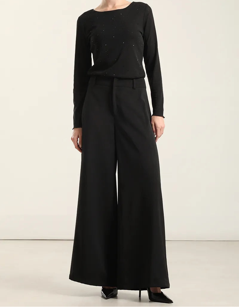 Pantalon Mujer Ancho Tiro Alto Negro