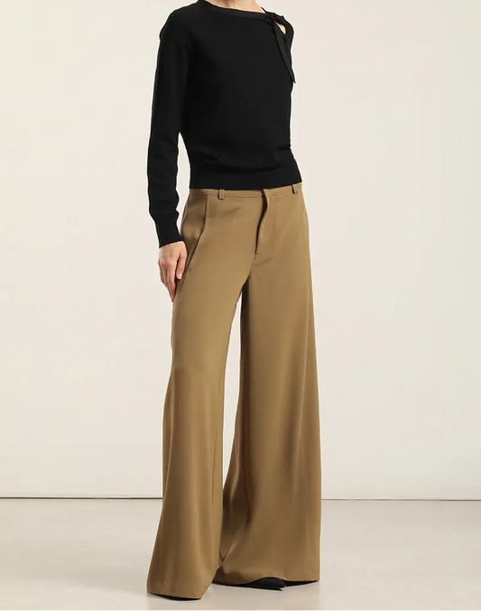 Pantalon Mujer Ancho Tiro Alto Camel
