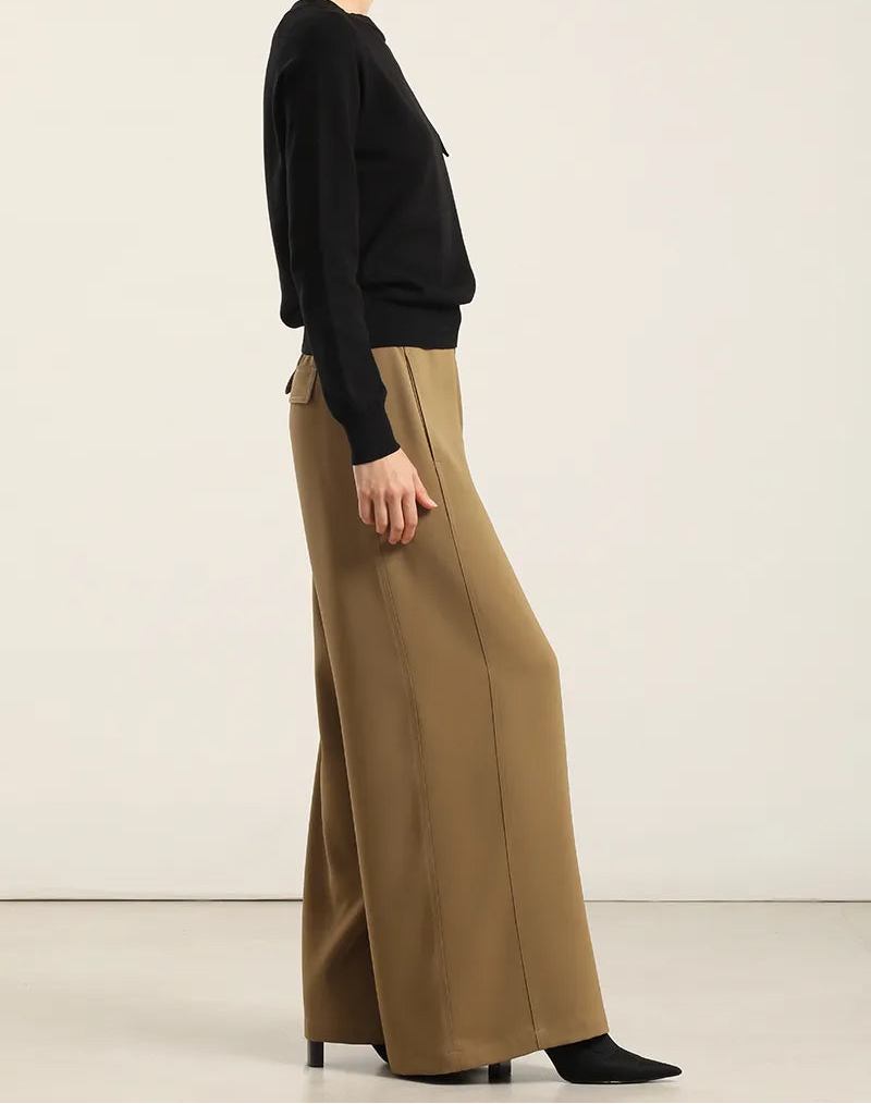 Pantalon Mujer Ancho Tiro Alto Camel