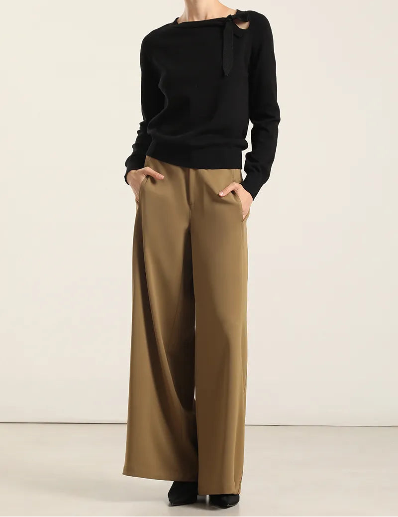 Pantalon Mujer Ancho Tiro Alto Camel