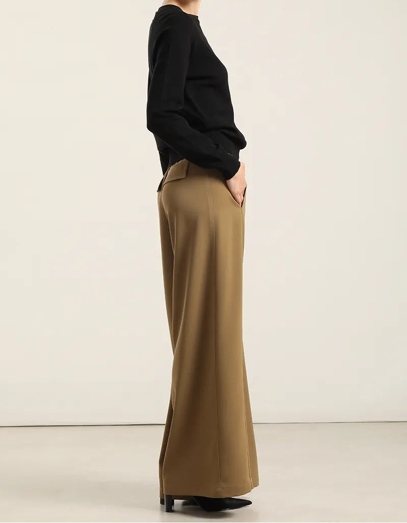 Pantalon Mujer Ancho Tiro Alto Camel