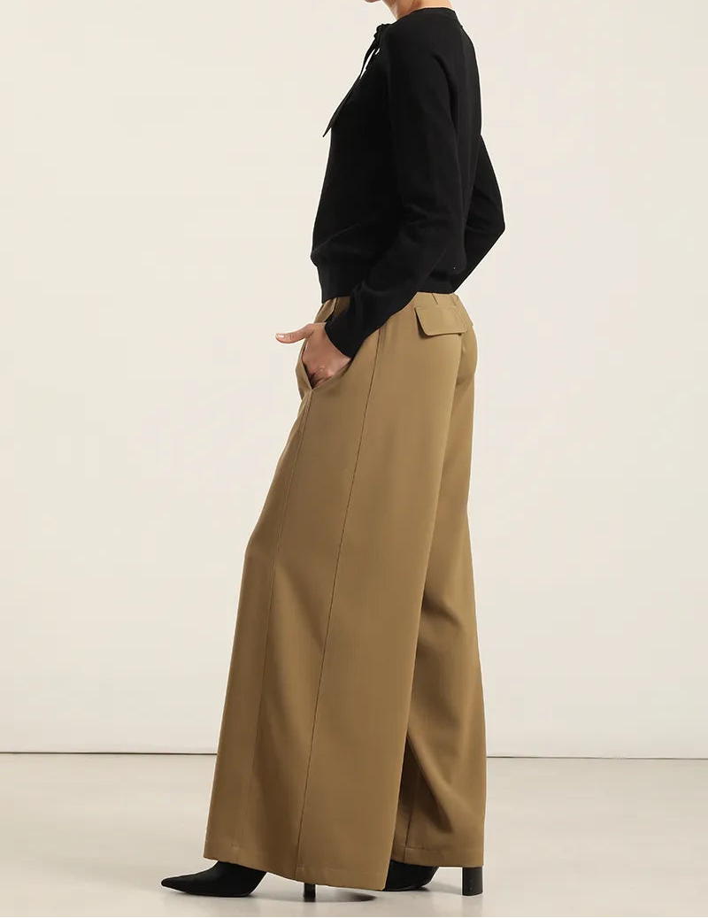 Pantalon Mujer Ancho Tiro Alto Camel