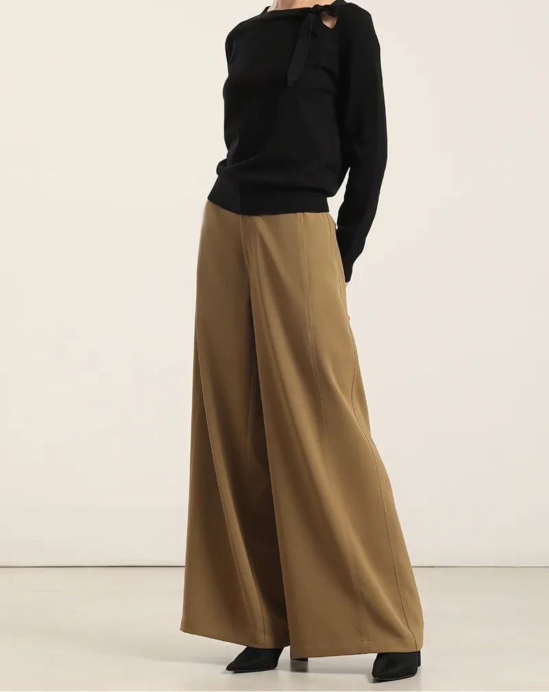 Pantalon Mujer Ancho Tiro Alto Camel