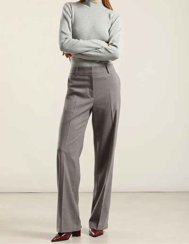 Pantalon Mujer Ancho Tiro Alto Gris