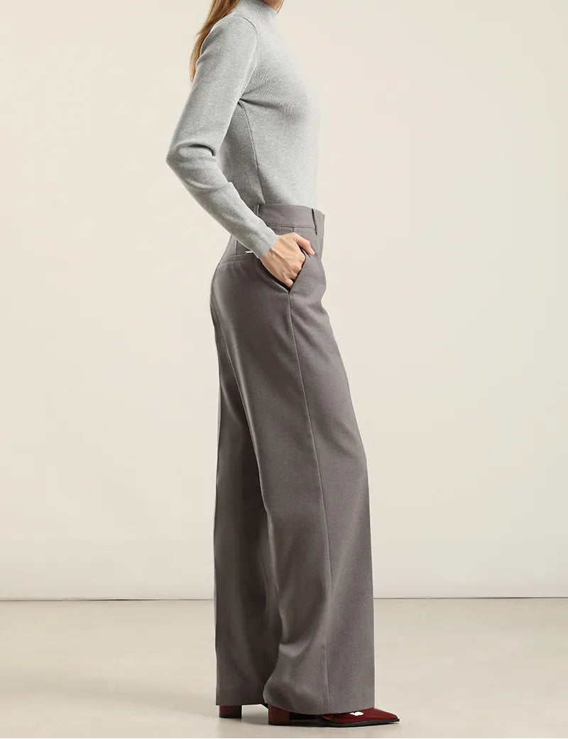 Pantalon Mujer Ancho Tiro Alto Gris