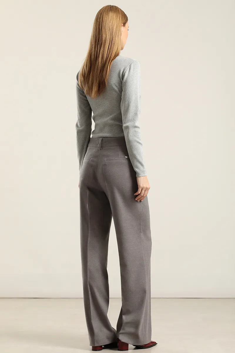 Pantalon Mujer Ancho Tiro Alto Gris