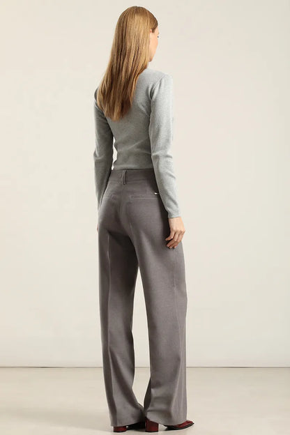 Pantalon Mujer Ancho Tiro Alto Gris