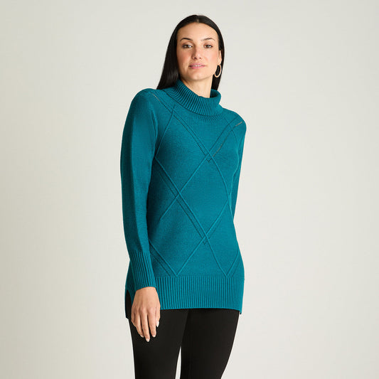 Sweater Mujer Cuello Alto Tejido con Diseño Calado Petróleo