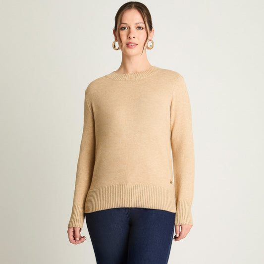 Sweater Mujer con Cuello Mock y Lurex Beige