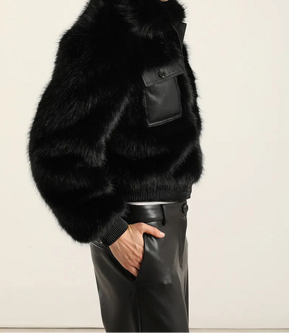 Chaqueton Mujer Efecto Cuero Piel Negro